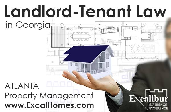Image that visually reads 'Landlord-Tenant Law in Georgia' with a stock photo of a man holding a house floating in his hands.