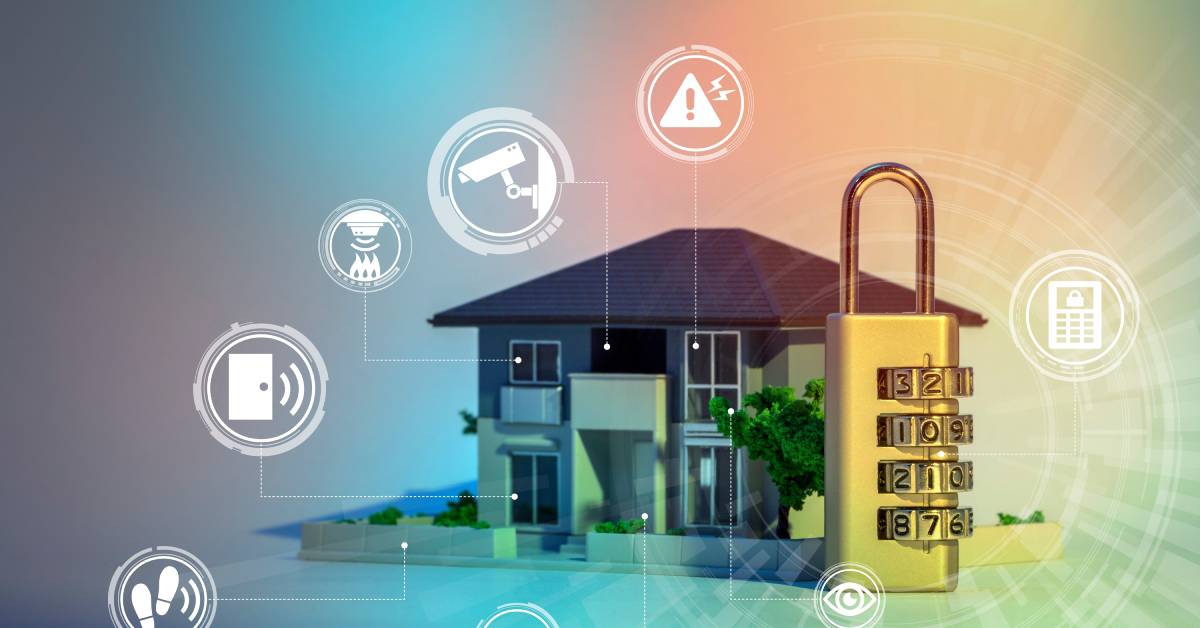 A 3D model of a home next to a 3D model of a number lock on top of a colorful background with white security icons.