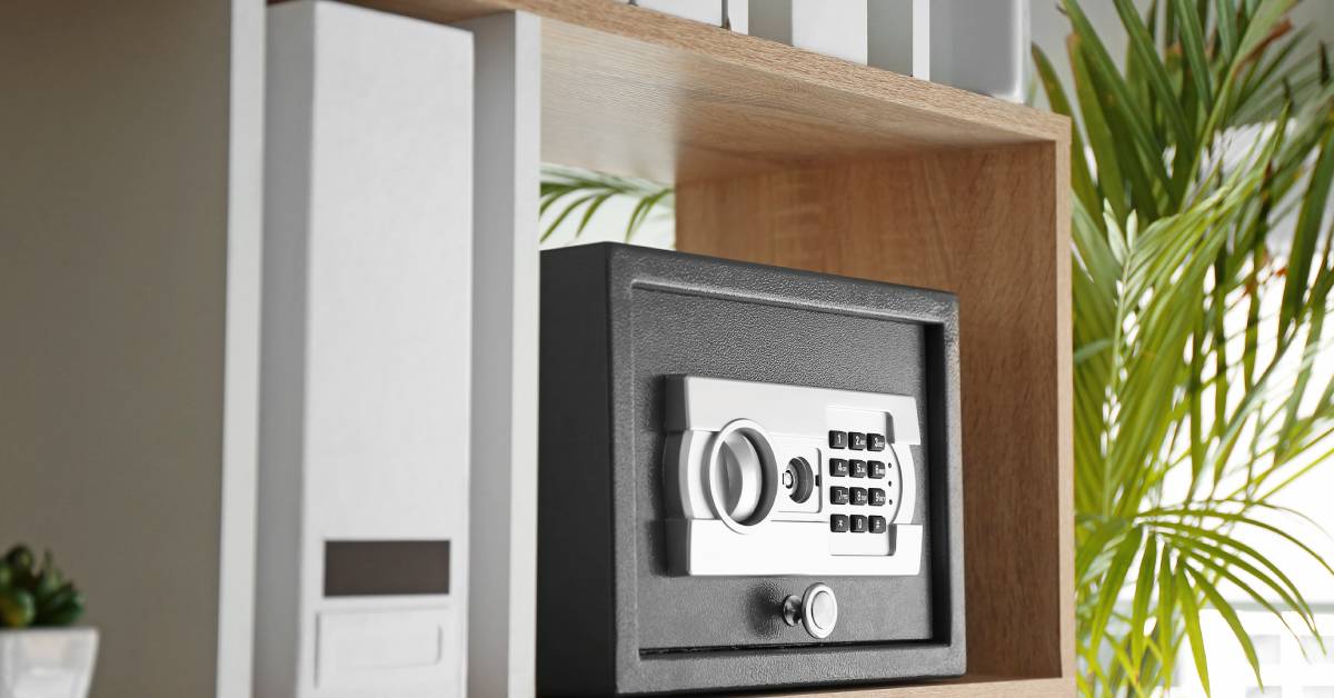 A black and silver, modern, personal safe box sitting on a wooden shelf next to a house plant and other white house decor items.