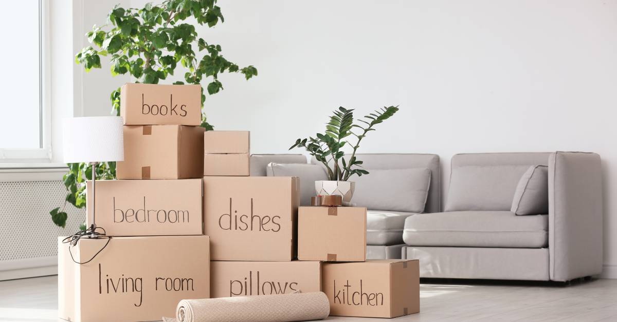 A large pile of neatly stacked and labeled cardboard moving boxes of various sizes in front of a couch in an apartment.