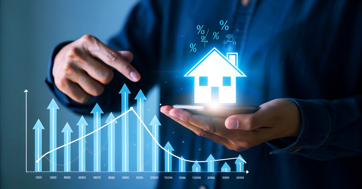 A bar graph featuring upward arrows, with a downward-trending line next to a man's hand that includes a house graphic.